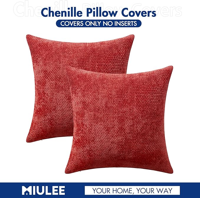 MIULEE Pack of 2 Christmas Red Couch Throw Pillow Covers 18x18 Inch Modern Boho Accent Decorative Pillow Covers Soft Chenille Farmhouse Cushion Covers for Home Decor Bed Sofa Living Room