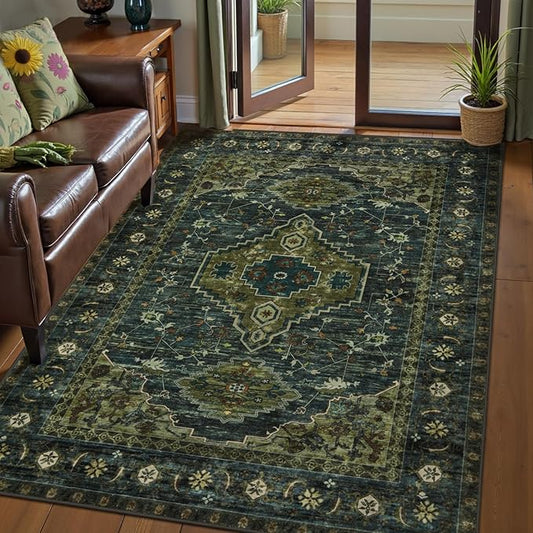 Tangsoo 3x5 Washable Rugs Oriental Area Rug, Vintage Non Slip Indoor Accent Rug, Print Distressed Olive Green Carpet, Soft Low Pile Rug for Living Room Dining Bedroom Bedside Entryway