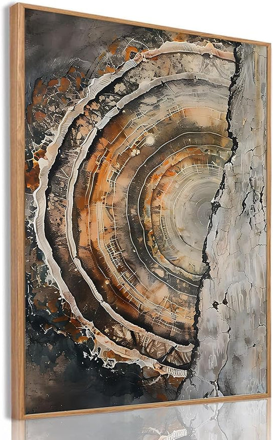 IBHJSART Framed Tree Ring Canvas Wall Art Vintage Colorful Wood Stump Painting Prints Modern Minimalist Pictures Neutral Nature Rustic Farmhouse Decor Living Room Bedroom Bathroom Office