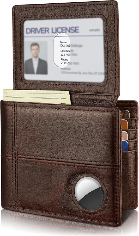 Mens Wallet With AirTag Holder, Bifold Leather RFID Blocking 1-2 ID Windows 12-13 Card Holders, Gift Box and Screen Protector Included, AirTag Not Included