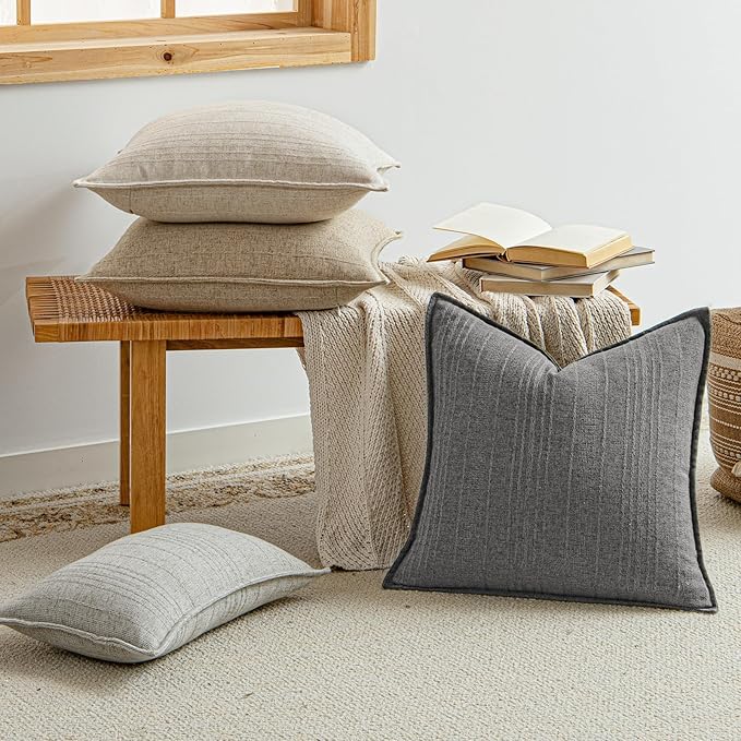 a moment Linen Pillow Covers Set of 2,Boho Farmhouse Throw Pillowcases Neutral Textured Decorative Covers for Couch Sofa,Soft Linen Blend Accent Case Cushion Living Room Home Decor 18"x18"Rustic Gray