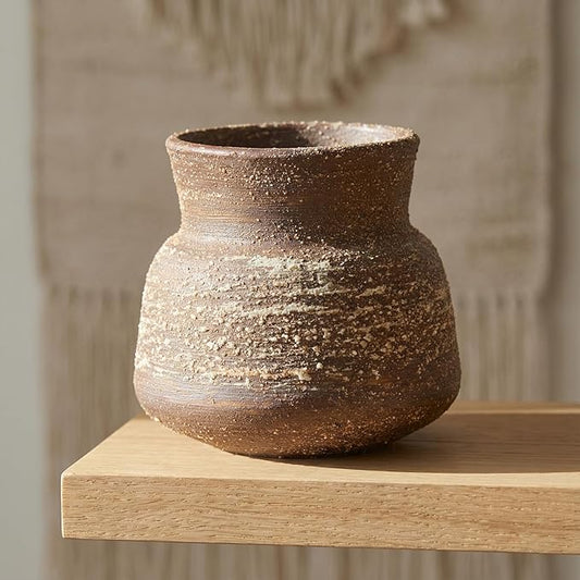 5.8IN Rustic Farmhouse Ceramic Vase Home Decor, Handmade Vintage Stoneware Clay Pottery Terracotta Textured for Modern Farmhouse, Living Room, Office Desk Table Shelf (Brown)