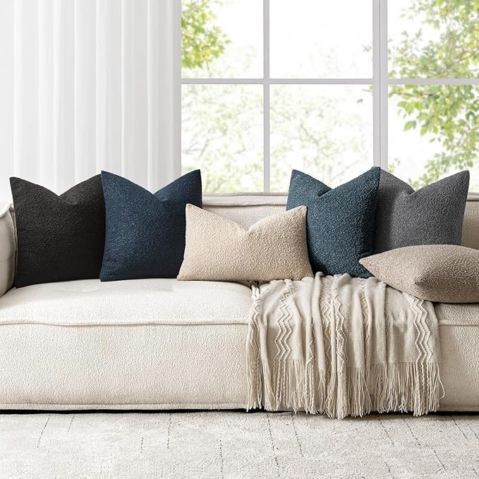 Woaboy Pack of 2 18x18 Inch Decorative Boucle Throw Pillow Covers Textured Square Pillowcaes Accent Solid Cozy Soft Cushion Covers Home Decor for Sofa Couch Living Room Home Decor,Dark Gray
