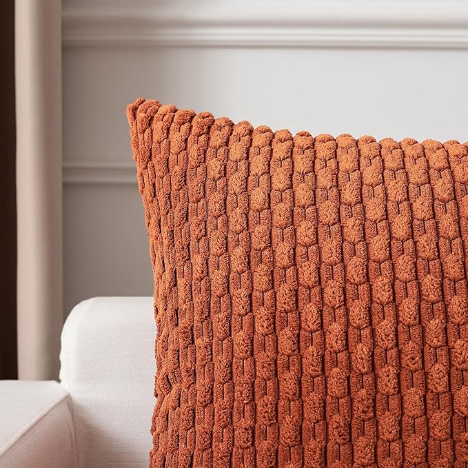Kevin Textile Fall Corduroy Pillow Covers 26x26 Inch 2 Packs Soft Cozy Euro Pillows with Stripe Pattern Big Throw Pillowcases for Couch Sofa Bedroom Home Decor, Rust