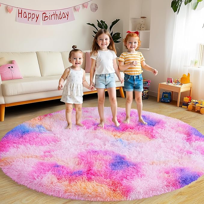 Round Fluffy Rugs 6Ft for Girls Bedroom, Dark Rainbow Shag Circle Kids Rug Non-Slip for Bedside Dorm Nursery Playroom, Soft Cute Area Rugs for Living Room Decor