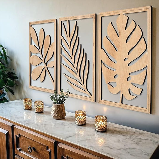 qmmp Modern Wooden Wall Sculptures - Set of 3 - Home Decor Accent - Large Wall Art for Living Room, Bedroom, Office - Easy Installation (Oak, Large - Tree Leaves)