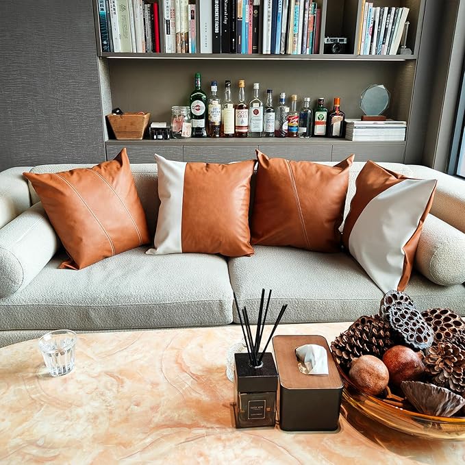Faux Leather Throw Pillow Covers 20X20 Inch Set of 2 Milan Brown Outdoor Modern Farmhouse Solid Decorative Pillow Covers for Room Couch Living Bedroom Bed Sofa