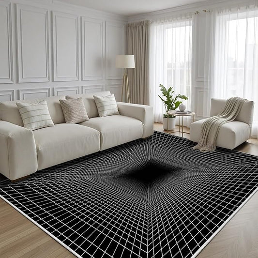 Optical Illusion Rug - Washable Rugs 4x5, Abstract Geometric Lines Soft Neutral Indoor Floor Mats Plaid Carpet, Non-Slip Stain Resistant Modern Black Rug for Bedroom, Living Room Rugs