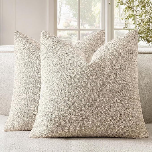 Woaboy Pack of 2 18x18 Inch Decorative Boucle Throw Pillow Covers Textured Square Pillowcaes Accent Solid Cozy Soft Cushion Covers Home Decor for Sofa Couch Living Room Home Decor,Neutral