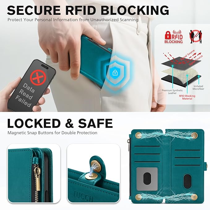 TUCCH Detachable Crossbody Wallet Case for iPhone 17 Pro (6.3"), 9 Card Holders RFID Blocking | Lanyard | Wrist Strap | Wireless Charging | Zipper Pocket | PU Leather | Stand Flip Cover | Bluish Green