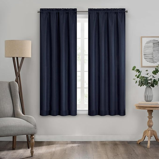 Eclipse Kendall Textured Blackout Thermal Rod Pocket Window Curtain, Insulating & Noise Reducing Curtains for Bedroom or Living Room (1 Panel), 63 in Long x 42 in Wide, Indigo