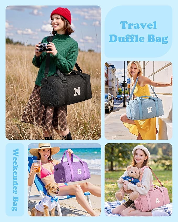 Elilier Initial Gym Bag for Girls, Kids Travel Duffel Bag, Graduation Gifts for Her, Personalized Weekender Bag with Shoes Compartment, Gifts for Mom, Girls Gifts for Kids