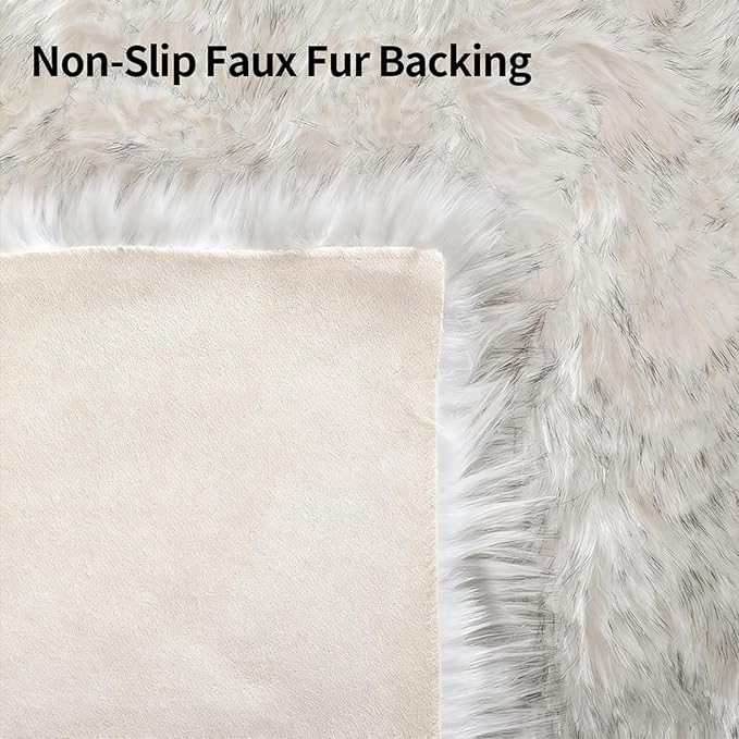 Faux Fur Sheepskin Area Rug for Living Room Bedroom, White with Grey Tips, 2 x 4 Feet Ultra Soft Shaggy Fuzzy Furry Carpet Chair Throw Rugs for Kids, Girls, Nursery Room Decor Dorms