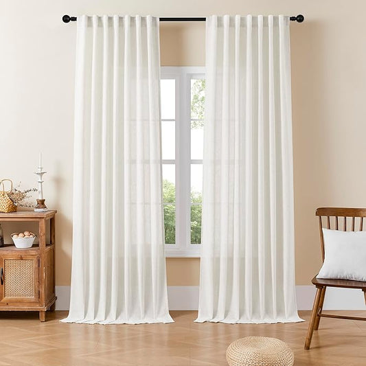 Joydeco Light Filtering Curtains 96 Inch Length for Bedroom, Linen Curtains 96 Inch Length 2 Panels Set for Living Room，White Semi Sheer Drapes 96 Inches Long with Rod Pockets