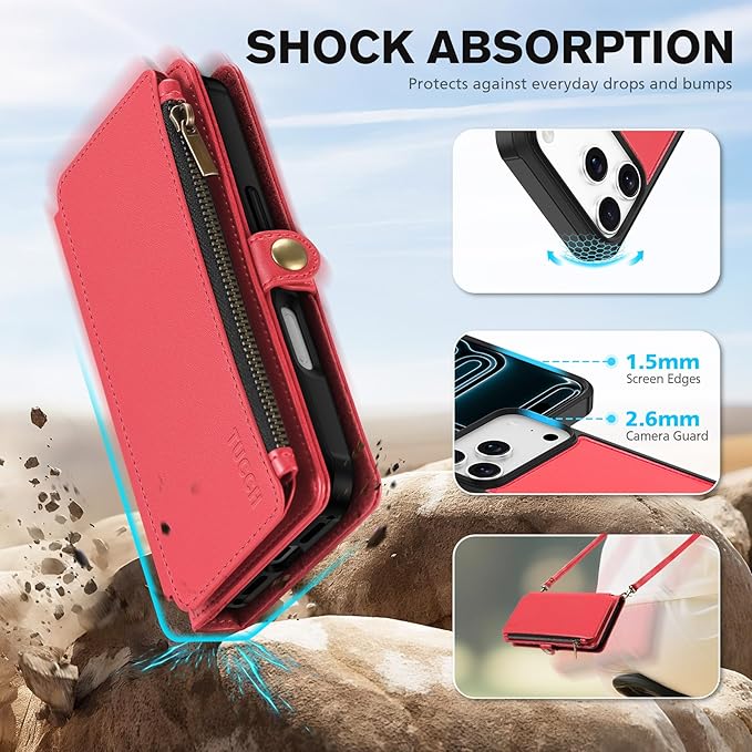 TUCCH Detachable Crossbody Wallet Case for iPhone 17 Pro 6.3", 9 Card Slots RFID Blocking | Stand | Lanyard Wrist Strap | Wireless Charging | Zipper Pocket | PU Leather Magnetic Flip Cover | Red
