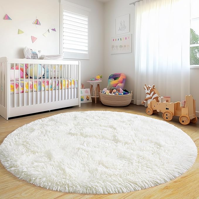 Round Fluffy Rugs 7Ft for Girls Bedroom, Cream White Shag Circle Kids Rug Non-Slip for Bedside Dorm Nursery Playroom, Soft Cute Area Rugs for Living Room Decor