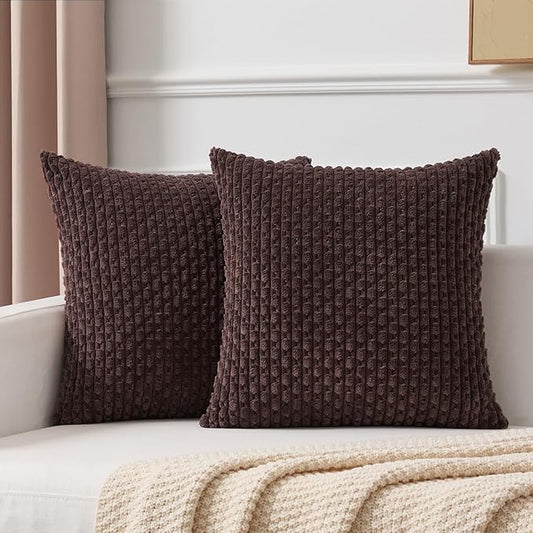 Kevin Textile Decorative Pillow Covers Set of 2 Striped Plush Corduroy Pillows Pillowcases Boho Home Decor Cushion Covers for Couch Sofa Bed Living Room 20x20 Inch, Coffee