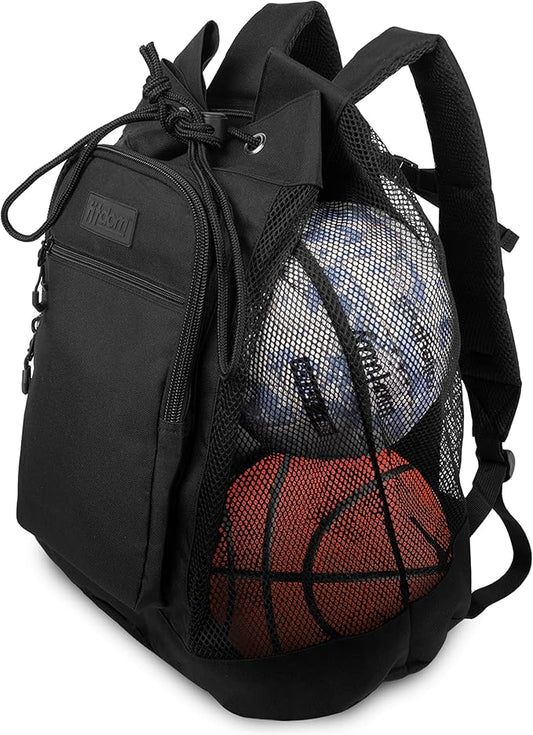 Fitdom Heavy Duty Small Mesh Equipment Ball Bag w/Adjustable Backpack Shoulder Strap Design for Coach. 2 Different Size Compartments. Perfect for Soccer Football Volleyball Basketball & Water Sports