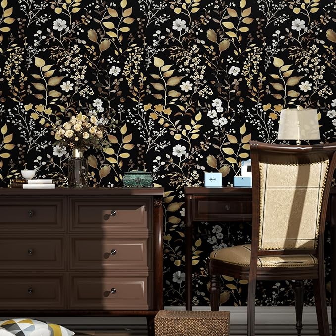Boho Wallpaper Peel and Stick Dark Floral Wallpaper 17.5in x118in Vintage Leaf Contact Paper Vinyl Waterproof Self Adhesive Golden Leaf Botanical Wall Paper for Cabinet Table Drawer Decor