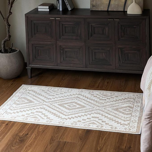 Moroccan Washable Area Rug 3x5, Geometric Tribal Decorative Woven Rug, Non-Slip Boho Farmhouse Soft Low-Pile Area Rug for Living Room Bedroom Dining Table Nursery, Cream/White