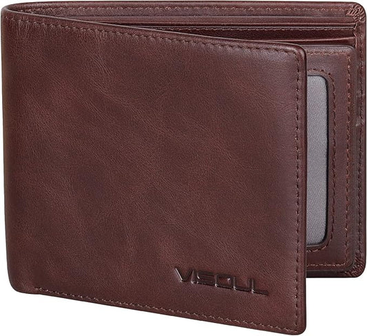 VISOUL Mens Bifold Leather RFID Blocking Wallet with 2 ID Windows, Soft Genuine Leather Card Holder Wallet with 2 Cash Compartments for Men (Coffee)