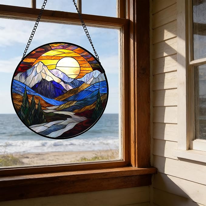 Stained Glass Window Hanging, Yellow Blue Sunset Mountains Scenery Sun Catcher for Window Home Decor Landscape Suncatcher Mother's Day Birthday Gifts for Women Men Mom and Nana 15 in