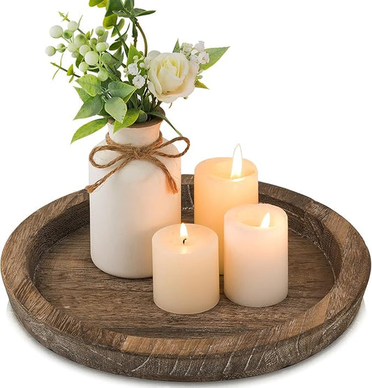 Hanobe Candle Plate Holder Tray: Round Wood Decorative Candle Plate - Rustic Farmhouse CoffeeTable Decor - Tealight Pillar Trays for Home Decor (Distressed)