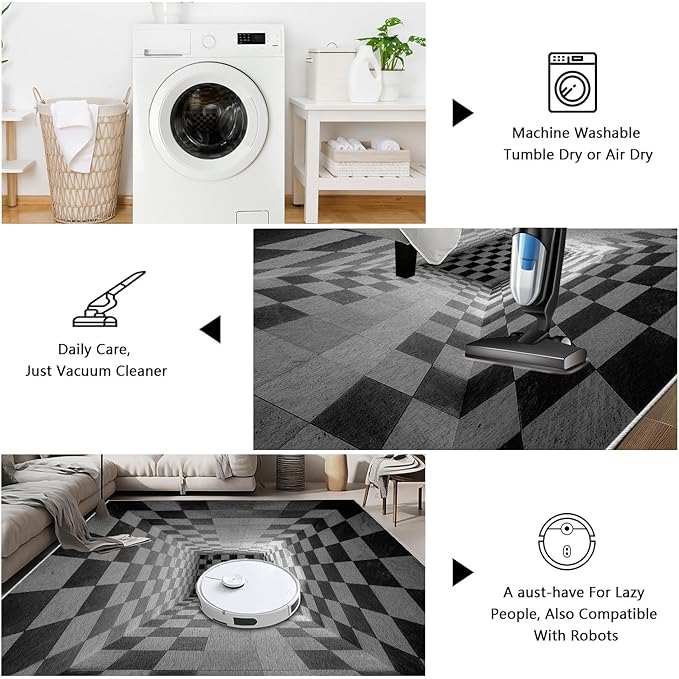 3D Rug 3x4, Plaid Soft Ultra Soft Faux Wool Low Pile Optical Illusion Rug, Indoor Floor Mats Abstract Geometric Carpet, Non-Slip Stain Resistant Washable Rugs, Modern Gray Rugs for Living Room
