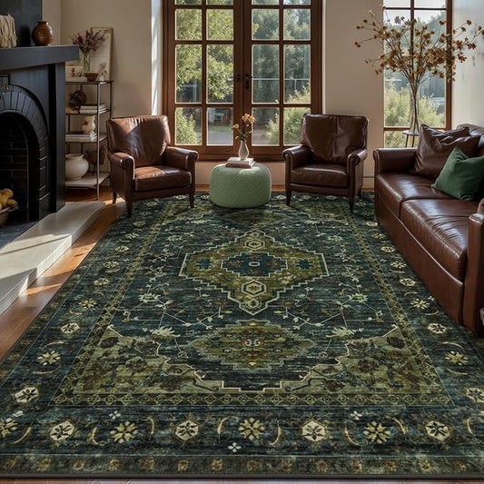 Tangsoo 8x10 Area Rugs for Living Room, Washable Rugs Oriental Vintage Indoor Non Slip Large Area Rugs, Print Carpet, Soft Low Pile Rug Foldable Floor Rug for Bedroom Dining Room Dorm Olive Green