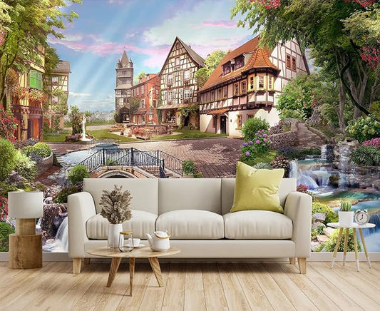 Flowery Waterfall and Beautiful Street Scene in The Sunshine Wall Mural for Living Room, Bedroom, Bathroom Backdrop Decoration（Non-self-Adhesive）