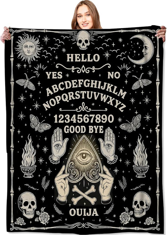 Ouija Board Blanket Halloween Holiday Decor Gothic Spirit Witch Throw Gifts for Kids Adults Lightweight Soft Fleece Sun Moon Skeleton Skull Witchy Blankets for Horror Spooky Decoration 50x60in