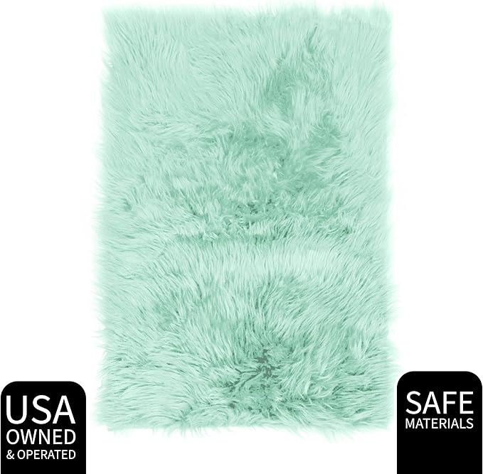 6 x 9 ft Fluffy Mint Green Rug – Large Faux Fur Area Rug for Bedroom, Living Room, or Dining Room – Plush Faux Sheepskin Accent