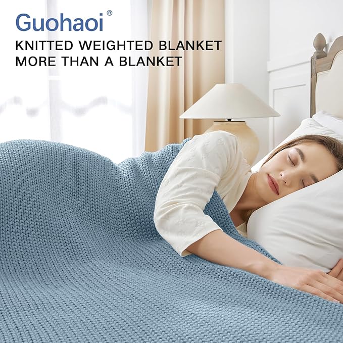 Guohaoi Knitted Weighted Blanket for Adults (Haze Blue 50"x75" 20lbs) No Beads Cooling Throw Blanket for Hot Sleepers, Home Decor Breathable Chunky Knit Heavy Blanket Use on Full Size Bed