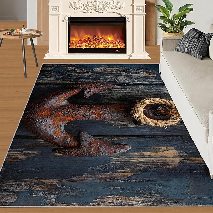 Nautical Anchor 6x9 Area Rugs,Distressed Wood Bedroom Rug Nautical Style Non-Slip Washable Rug for Living Room Nursery Kitchen Low-Pile Carpet