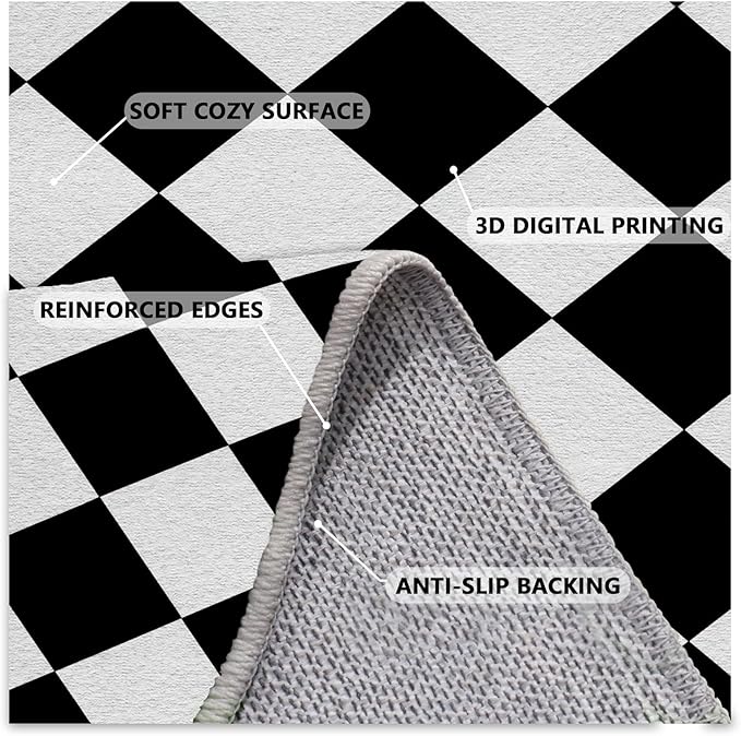 Checkered Rug, Black White Rug, Washable Rugs 6x9, Geometric Rhombus Plaid Area Rugs, Grid Gingham Carpet for Living Room Non Slip Home Decor