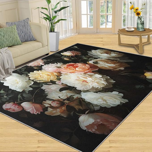 Flowers 4x6 Area Rugs for Living Room Peony Washable Rug Rustic Flowers Rug Non Slip Low Pile Soft Area Rugs for Bedroom Bedside Dining Room Kids