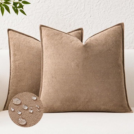 Kevin Textile Waterproof Decorative Pillow Covers Camel 16x16 Inch Pack of 2 Soft Boucle Textured Throw Pillowcases Elegant Accent Pillows for Couch Sofa Chair Bed Home Decor Indoor Outdoor