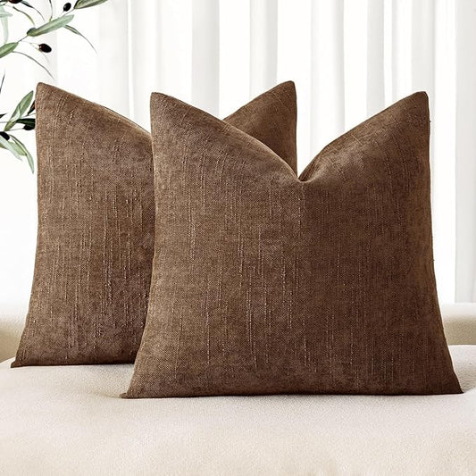 MIULEE Pack of 2 Decorative Throw Pillow Covers Soft Chenille Throw Pillows Solid Neutral Farmhouse Textured Cushion Covers for Couch Sofa Bedroom Living Room 18x18 Inch,Honey Brown