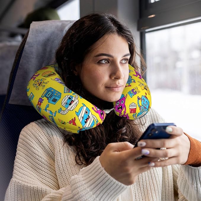 Comfortable Memory Foam Travel Neck Pillow, Funny Chin/Head Cushion Supporting Airplane Car Pillows Trippy Anime Monster Hamburger Drink for Sleeping Outdoors Travel Office