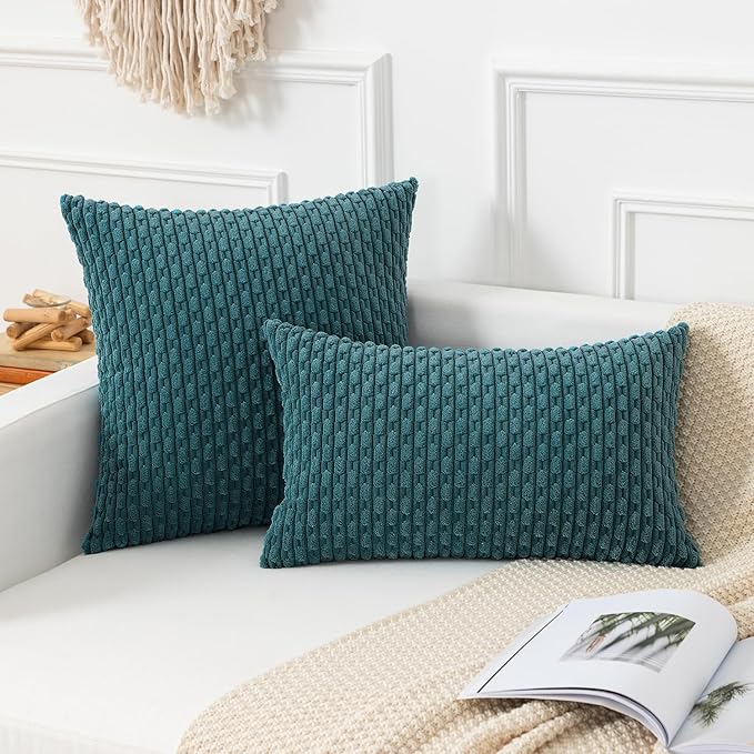 Kevin Textile Throw Pillow Covers Soft Corduroy Decorative Set of 2 Boho Striped Pillow Covers Pillowcases Farmhouse Home Decor for Couch Bed Sofa Living Room 22x22 Inch Teal Blue