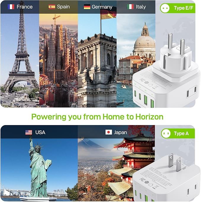 EPICKA Hybrid International Power Adapter for US to German & France, Foldable & Detachable Type EF VisaPlug, 8-in-1 Travel Plug Adapter with 4 USB Ports (2 USB-C PD 20W), Travel Dormestic Essentials