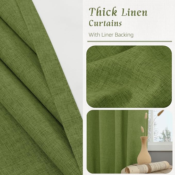 LAMIT Olive Green 100% Blackout Linen Curtains, 84 Inch Linen Textured Living Room Bedroom Drapes Room Darkening Back Tab and Rod Pocket Christmas Panels with White Liner, 2 Panels, 60 x 84 Inch