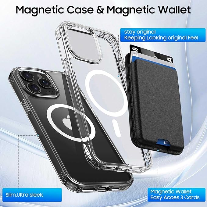 Ntwinro Magnetic for iPhone 12 & iPhone 12 Pro Clear Case (Compatible with MagSafe) with Black Detachable Wallet & Card Holder for 3 Cards [RFID Blocking] Military Grade Protective Slim Phone Cover