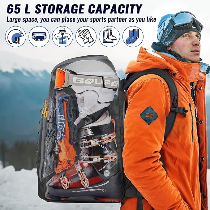 Ski Boot Bag, 65L Durable Travel Backpack, 1680D Nylon Waterproof Snowboard Boot Bag, Skiing and Snowboarding Travel Luggage for Helmet, Goggles, Gloves, Outerwear & Accessories