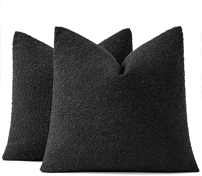 MIULEE 24x24 Decorative Euro Sham Throw Pillows for Bed Set of 2 Textured Boucle Neutral Winter Throw Pillow Covers Halloween Black Accent Solid Couch Pillowcases Sofa Livingroom Home Decor
