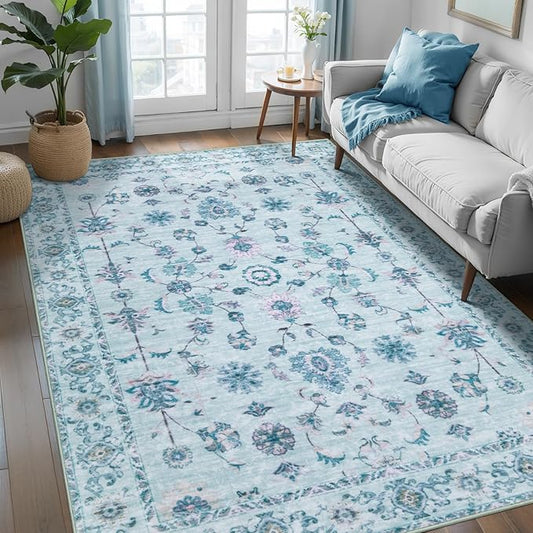 Tangsoo 3x5 Floral Area Rug Washable Non-Slip Low Pile Vintage Boho Distressed Carpet for Bedroom, Entryway, Kitchen, Office, Foyer Decor - Pet & Child Friendly (Light Blue)