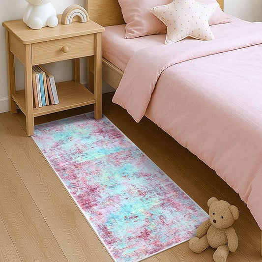 Modern Abstract Runner Rug 2x5, Machine Washable Blush Pink Sky for Girls Bedroom Ofiice Runner Non-Slip, Soft Hallway Rug Runner Thin Print Faux Wool Carpet for Entryway, Kitchen