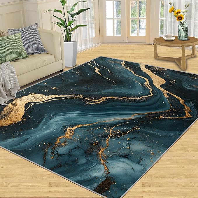 Marble Washable Area Rugs 6x8 Non-Slip Fluid Art Living Room Rug Gold Lines Soft for Carpet Low Pile Indoor Door Mat & Room Decor