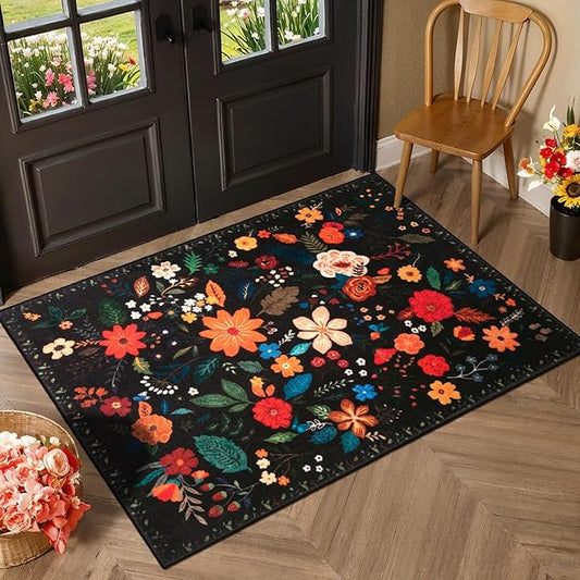 Tangsoo 2x3 Small Area Rug for Entryway, Non Slip Machine Washable Boho Floral Entry Rug, Soft Low Pile Throw Rugs Door Mat Indoor Entrance Floor Carpet for Bedroom Kitchen Bathroom, Kids Room(Black)