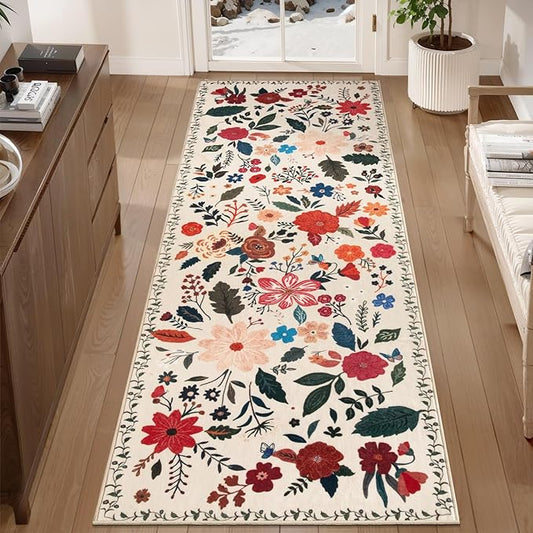 Tangsoo Runner Rug for Hallways Kitchen Rug, Non Slip 2x6 Washable Boho Floral Rug Runner for Entryway, Low Pile Carpet Door Mat Indoor Entrance for Kids Room Bedroom Laundry Office(White/Beige)